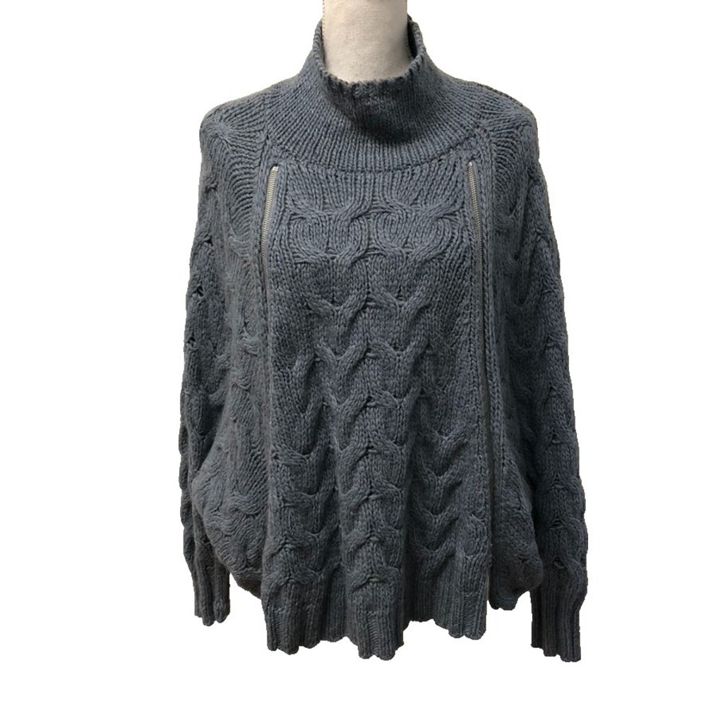 Free People Cable Knit Sweater Jumper Womens Small Blue Oversize Turtleneck